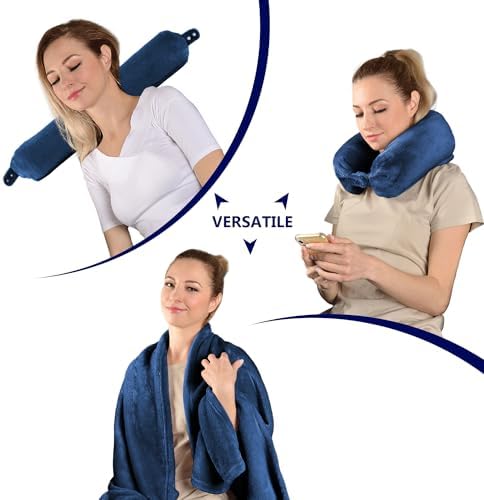 Multifunctional Neck Pillow, Soft Warm Blanket with Cozy Neck Pillow Case, Portable Blanket Set for Airplane, Camping, Car (Navy Blue) - Image 3