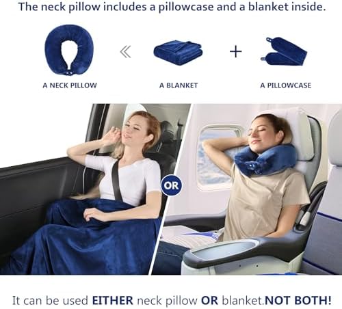Multifunctional Neck Pillow, Soft Warm Blanket with Cozy Neck Pillow Case, Portable Blanket Set for Airplane, Camping, Car (Navy Blue) - Image 2