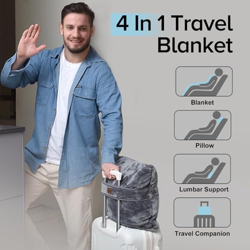 Travel Blanket Pillow Throw Fleece - 2-in-1 Travel Pillow and Blanket Set for Airplane Fluffy Fuzzy Soft Cozy Thick Lightweight Gray 450GSM 67"x50" - Image 4