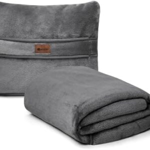 Travel Blanket Pillow Throw Fleece - 2-in-1 Travel Pillow and Blanket Set for Airplane Fluffy Fuzzy Soft Cozy Thick Lightweight Gray 450GSM 67"x50"