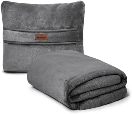 Travel Blanket Pillow Throw Fleece - 2-in-1 Travel Pillow and Blanket Set for Airplane Fluffy Fuzzy Soft Cozy Thick Lightweight Gray 450GSM 67"x50"