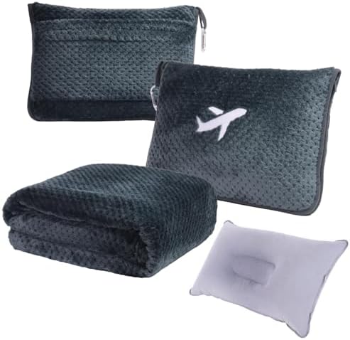 3 in 1 Travel Blanket Pillow Set - 350 GSM Thick Travel Blanket Airplane Compact with Bag, Soft Bag with a Pocket, Inflatable Travel Pillow for Camping & Car Trip (Dark Grey)