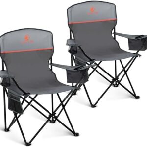 LET'S CAMP Camping Chair 2 Pack Folding Chair with 3-Can Cooler Bag Portable Lawn Chair with Cup Holder,Storage Pocket, Supports 225LBS, Collapsible Chair for Camp, Beach, Picnic (Grey)