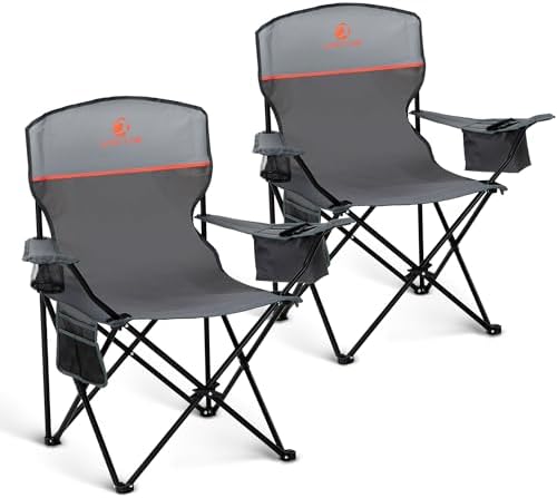 LET'S CAMP Camping Chair 2 Pack Folding Chair with 3-Can Cooler Bag Portable Lawn Chair with Cup Holder,Storage Pocket, Supports 225LBS, Collapsible Chair for Camp, Beach, Picnic (Grey)