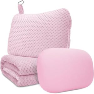 Travel Pillow Blanket Set-3 in 1 Travel Pillow Memory Foam, Soft Travel Blanket Airplane Compact with Bag, Inner Pillowcase, Hand Luggage Belts and Backpack Clip, for Plane Car, Pink