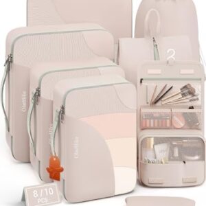 10 Set/8 Set Packing Cubes for Travel, Gifts for Women Mom,Anti-Tearing Suitcase Organizer for Luggage with Shoe & Hanging Toiletry Bag,OlarHike Vacation Essentials & Accessories for Cruise Ship,Cream