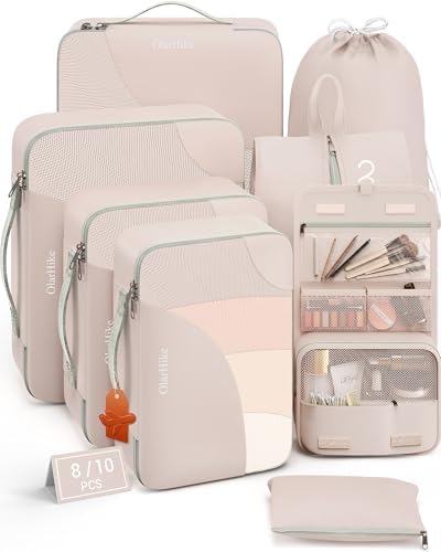 10 Set/8 Set Packing Cubes for Travel, Gifts for Women Mom,Anti-Tearing Suitcase Organizer for Luggage with Shoe & Hanging Toiletry Bag,OlarHike Vacation Essentials & Accessories for Cruise Ship,Cream