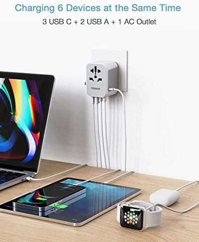 TESSAN Universal Travel Adapter, International Power Adapter 5.6A 28W 3 USB C 2 USB A Ports, Travel Worldwide Plug Adaptor, Outlet Wall Charger for Europe UK EU AUS (Type C/G/A/I) - Image 7