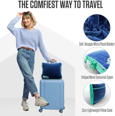 VENTURE 4TH Travel Blanket Pillow – Premium Ultra-Soft & Warm 2-in-1 Blanket or Pillow for Airplane, Car & Bus – Compact, Lightweight & Portable – Lint-Free, No Shedding, No Pilling - Navy/Teal - Image 3