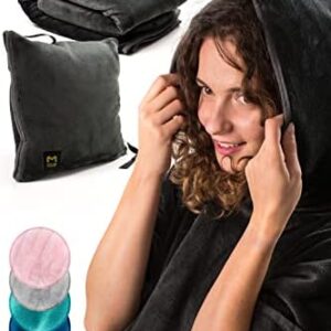 Travel Blanket Airplane Compact with Hoodie – 2in1 Airplane Travel Accessories from Plane Blanket to Travel Pillow with Luggage Strap, Soft Handle & Secure Pocket
