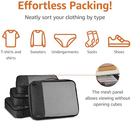 Amazon Basics Large Packing Cubes for Travel, Packing Organizers, 4-Piece-Set With Double Zipper Pulls and Mesh Top Panel, 100% Durable Polyester, Black, 17.5"L x 12.8"W x 3.3"H - Image 2