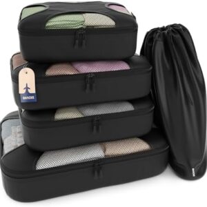 Shacke Premium 5 Packing Cubes Set - Lightweight Mesh Travel Luggage Organizers with Laundry Bag, 5-Piece Suitcase Storage System (Black)