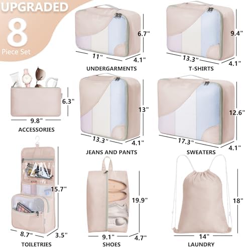 10 Set/8 Set Packing Cubes for Travel, Gifts for Women Mom,Anti-Tearing Suitcase Organizer for Luggage with Shoe & Hanging Toiletry Bag,OlarHike Vacation Essentials & Accessories for Cruise Ship,Cream - Image 2