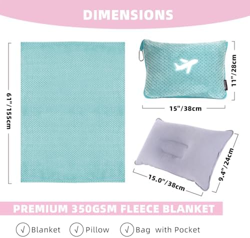 3 in 1 Travel Blanket Pillow Set with Airplane Footrest - 350 GSM Thick Travel Blanket Airplane Compact with Bag, Inflatable Pillow, Foot Hammock for Plane TravelTravel (Green) - Image 7