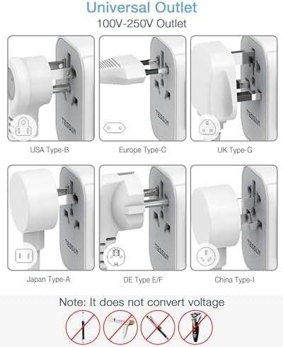 TESSAN Universal Travel Adapter, International Power Adapter 5.6A 28W 3 USB C 2 USB A Ports, Travel Worldwide Plug Adaptor, Outlet Wall Charger for Europe UK EU AUS (Type C/G/A/I) - Image 4