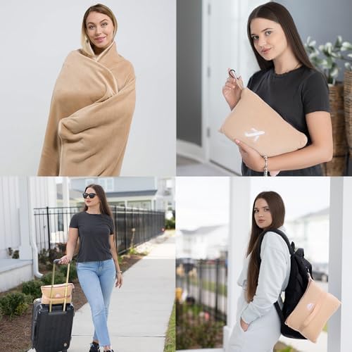 BlueHills Travel Blanket Pillow in Mini Soft Case Premium Plush Airplane Blanket in Soft Bag Compact Pack with Luggage Belt and Backpack Clip Warm Plane Pillows Traveling Gifts Packable - Beige M06 - Image 2