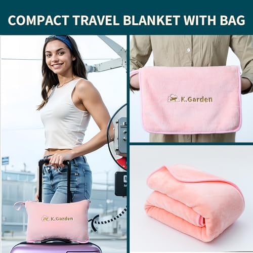 K.Garden Travel Cooling Blanket and Pillow- Soft 2 in 1 Airplane Compact Flight Essentials Car Pillow Travelers Gifts Accessories Compact Pack Blanket for Any Travel with Luggage Backpack Strap,Pink - Image 7