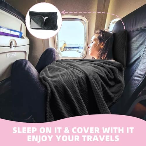 3 in 1 Travel Blanket Pillow Set - 350 GSM Thick Travel Blanket Airplane Compact with Bag, Soft Bag with a Pocket, Inflatable Travel Pillow for Camping & Car Trip (Dark Grey) - Image 2