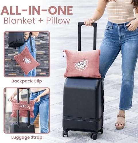 Resty Travel Blanket - Compact Airplane Blanket with Bag - Small and Lightweight Traveling Blanket & Pillow - Portable Blankets with Carabiner for Easy Transport - Plane Train Car (Pink) - Image 3