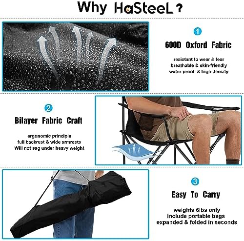 HaSteeL Foldable Camping Chair Set of 2, Folding Camp Chairs for Adults, Large Portable Lawn Chair for Outdoors Fishing, Hiking, Travel, Picnic, Beach, Supports 275lbs & Include Storage Bags (Black) - Image 5