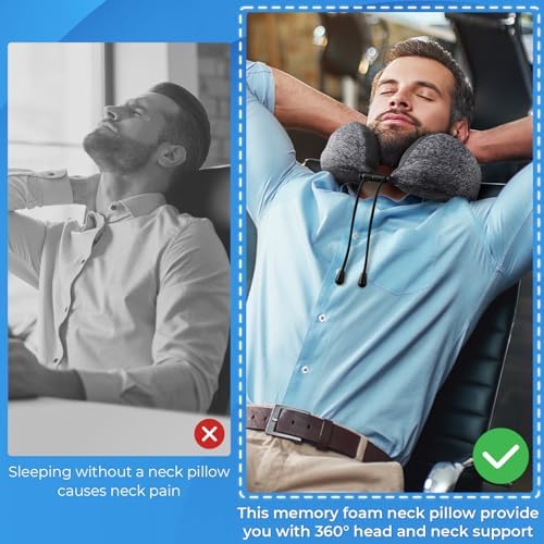 Travel Pillow, Travel Pillows for Sleeping Airplane, Removable Cover Neck Pillow with Adjustable Clasp, Memory Foam Neck Pillow Set with Eye Mask, Earplugs and Storage Bag (Dark Grey) - Image 6