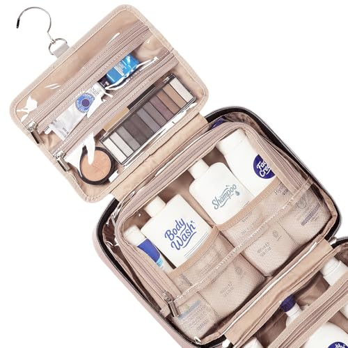 NISHEL Travel Toiletry Bag for women, Portable Hanging Organizer for Full-Sized Shampoo, Conditioner, Brushes Set, Makeup Accessories, Large Size, Pink - Image 4