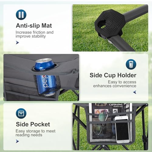 LET'S CAMP Camping Chair 2 Pack Folding Chair with 3-Can Cooler Bag Portable Lawn Chair with Cup Holder,Storage Pocket, Supports 225LBS, Collapsible Chair for Camp, Beach, Picnic (Grey) - Image 7