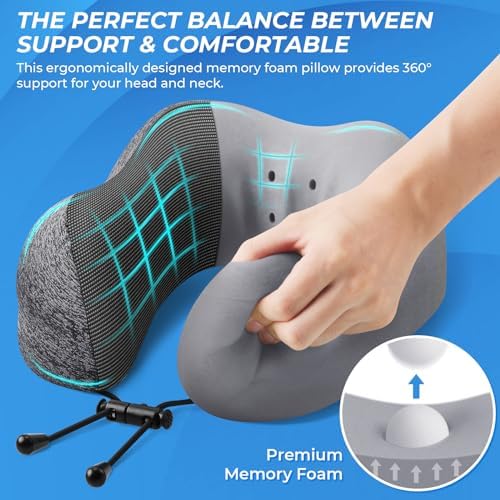 Travel Pillow, Travel Pillows for Sleeping Airplane, Removable Cover Neck Pillow with Adjustable Clasp, Memory Foam Neck Pillow Set with Eye Mask, Earplugs and Storage Bag (Dark Grey) - Image 3