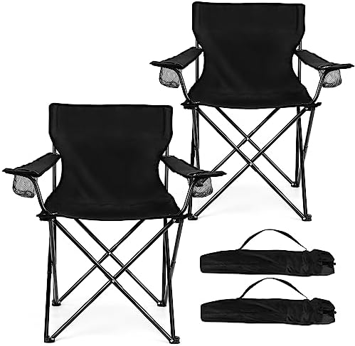 HaSteeL Foldable Camping Chair Set of 2, Folding Camp Chairs for Adults, Large Portable Lawn Chair for Outdoors Fishing, Hiking, Travel, Picnic, Beach, Supports 275lbs & Include Storage Bags (Black)