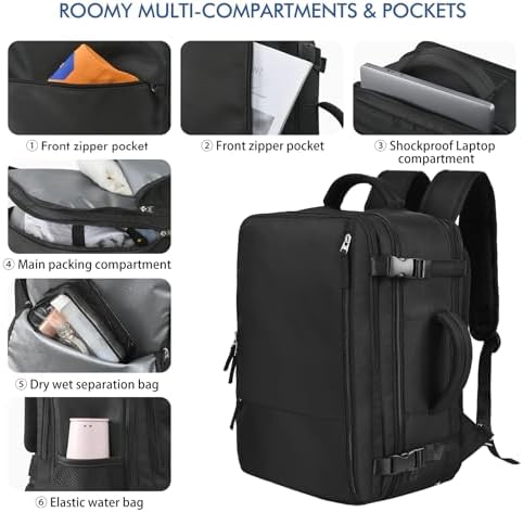 Beraliy Travel Backpack for Men Women, Large Carry On Backpack, Personal Item Bag Airline Approved, 17 inch Laptop Backpack, Business Work Gym Weekender Bag, Black - Image 9