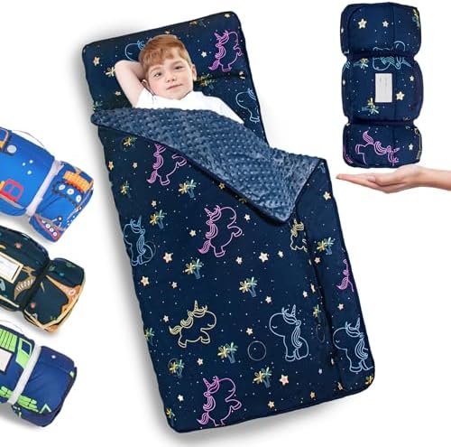 Primlect Toddler Nap Mat with Pillow and Blanket, Extra Large 55''x35'' Sleeping Bag, Washable, Light, Easy to Roll up, Perfect for Daycare, Preschool, Kindergarten, Travel, Boys and Girls (Unicorn