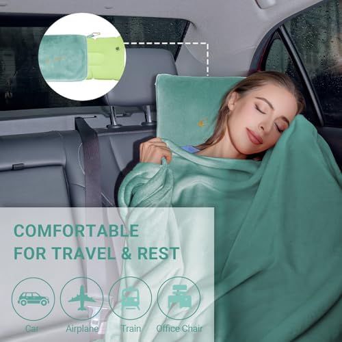3 in 1 Travel Pillow and Blanket Set, Premium Soft 300 GSM Thick Airplane Blanket Compact with Bag for Long Trips Essentials, Hand Luggage Sleeve and Backpack Clip (Mint Green) - Image 7