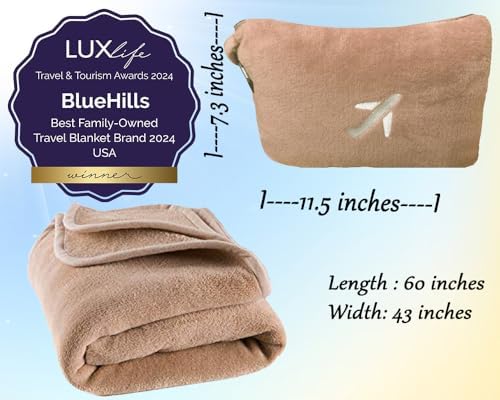 BlueHills Travel Blanket Pillow in Mini Soft Case Premium Plush Airplane Blanket in Soft Bag Compact Pack with Luggage Belt and Backpack Clip Warm Plane Pillows Traveling Gifts Packable - Beige M06 - Image 3