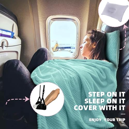 3 in 1 Travel Blanket Pillow Set with Airplane Footrest - 350 GSM Thick Travel Blanket Airplane Compact with Bag, Inflatable Pillow, Foot Hammock for Plane TravelTravel (Green) - Image 2