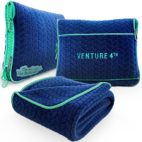 VENTURE 4TH Travel Blanket Pillow – Premium Ultra-Soft & Warm 2-in-1 Blanket or Pillow for Airplane, Car & Bus – Compact, Lightweight & Portable – Lint-Free, No Shedding, No Pilling - Navy/Teal