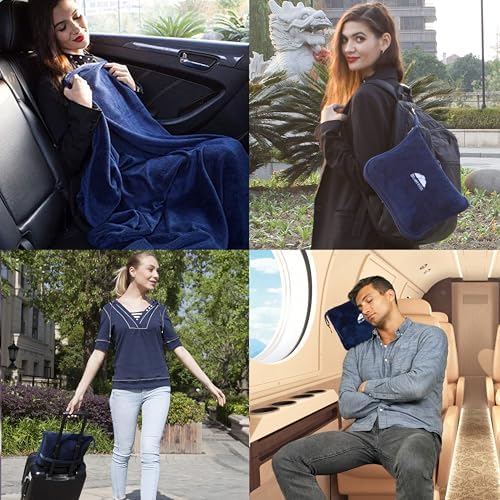 BlueHills Premium Soft Travel Blanket Pillow Airplane Blanket Packed in Soft Bag Pillowcase with Hand Luggage Belt and Backpack Clip, Compact Pack Large Plane for Any Travel (Navy Blue T002) - Image 2