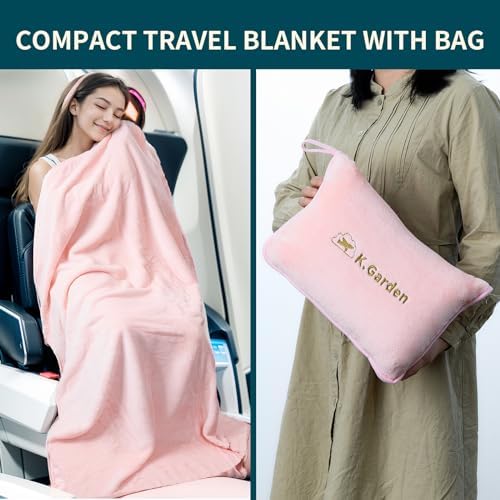 K.Garden Travel Cooling Blanket and Pillow- Soft 2 in 1 Airplane Compact Flight Essentials Car Pillow Travelers Gifts Accessories Compact Pack Blanket for Any Travel with Luggage Backpack Strap,Pink - Image 5