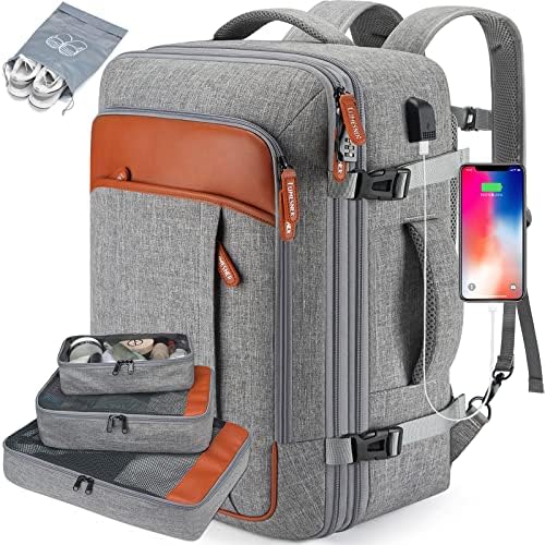 Carry on Travel Backpacks, Extra Large 40L Flight Approved for Men & Women,Expandable Suitcase With 4 Packing Cubes,Water Resistant Luggage Daypack Business Weekender Bag,Grey
