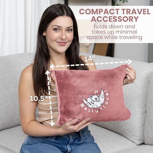 Resty Travel Blanket - Compact Airplane Blanket with Bag - Small and Lightweight Traveling Blanket & Pillow - Portable Blankets with Carabiner for Easy Transport - Plane Train Car (Pink) - Image 7