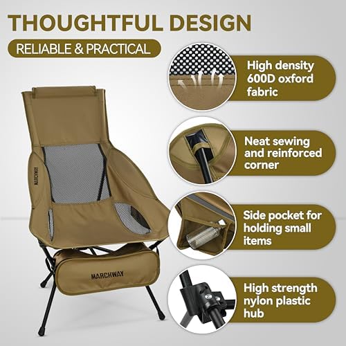 MARCHWAY Lightweight Folding High Back Camping Chair with Head Support, Stable Portable Compact for Outdoor Camp, Travel, Beach, Picnic, Festival, Hiking, Backpacking (Highback Khaki) - Image 5