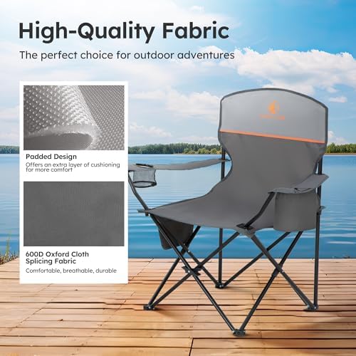 LET'S CAMP Camping Chair 2 Pack Folding Chair with 3-Can Cooler Bag Portable Lawn Chair with Cup Holder,Storage Pocket, Supports 225LBS, Collapsible Chair for Camp, Beach, Picnic (Grey) - Image 6