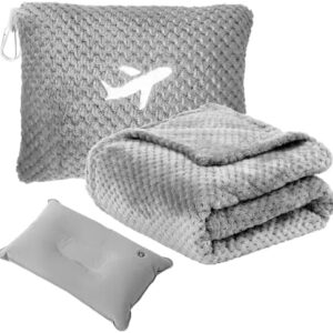 Travel Blanket Airplane Compact with Bag, Travel Essentials 3 in 1 Packable Airplane Blanket, Travel Pillow and Blanket Set, Inflatable Pillow, Luggage Sleeve & Backpack Clip (Light Grey)