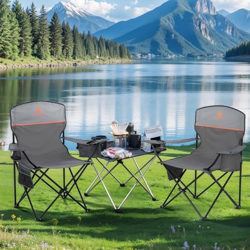 LET'S CAMP Camping Chair 2 Pack Folding Chair with 3-Can Cooler Bag Portable Lawn Chair with Cup Holder,Storage Pocket, Supports 225LBS, Collapsible Chair for Camp, Beach, Picnic (Grey) - Image 2