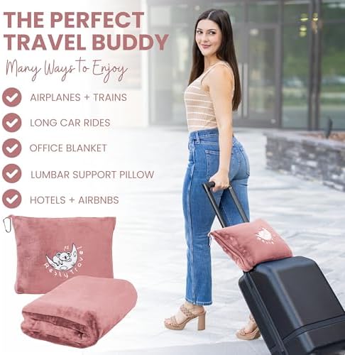 Resty Travel Blanket - Compact Airplane Blanket with Bag - Small and Lightweight Traveling Blanket & Pillow - Portable Blankets with Carabiner for Easy Transport - Plane Train Car (Pink) - Image 2