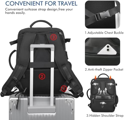 Beraliy Travel Backpack for Men Women, Large Carry On Backpack, Personal Item Bag Airline Approved, 17 inch Laptop Backpack, Business Work Gym Weekender Bag, Black - Image 7