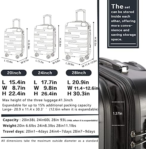 Coolife Luggage Suitcase Carry-on Hardside Travel Luggage TSA Lock Spinner Telescopic Handle - Image 6