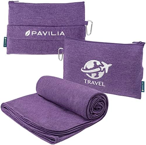 PAVILIA Travel Blanket Airplane Compact with Bag, Small Travel Pillow Blanket for Long Flights, Lightweight Plane Blanket with Luggage Strap, Camping Blanket for Traveler Essentials, Purple, 65x40