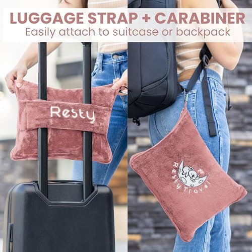 Resty Travel Blanket - Compact Airplane Blanket with Bag - Small and Lightweight Traveling Blanket & Pillow - Portable Blankets with Carabiner for Easy Transport - Plane Train Car (Pink) - Image 4