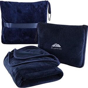 BlueHills Premium Soft Travel Blanket Pillow Airplane Blanket Packed in Soft Bag Pillowcase with Hand Luggage Belt and Backpack Clip, Compact Pack Large Plane for Any Travel (Navy Blue T002)