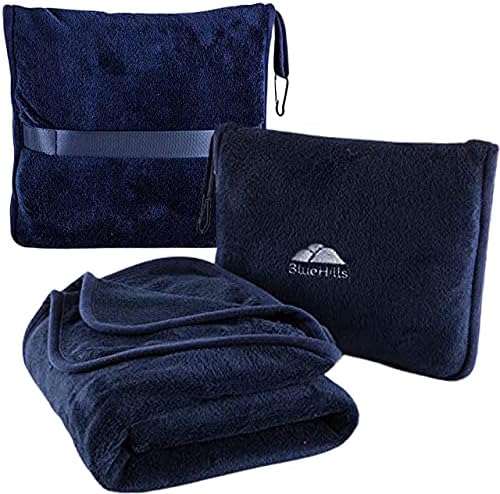 BlueHills Premium Soft Travel Blanket Pillow Airplane Blanket Packed in Soft Bag Pillowcase with Hand Luggage Belt and Backpack Clip, Compact Pack Large Plane for Any Travel (Navy Blue T002)